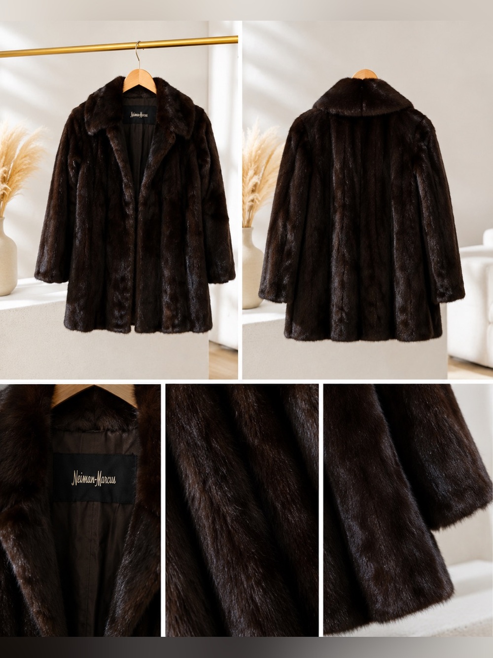 Neiman Marcus Dark Brown Faux Fur Pea Coat